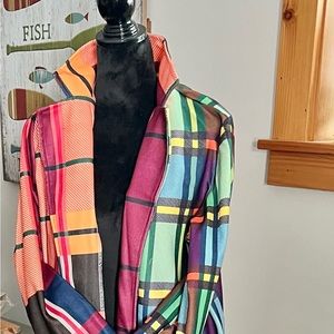Beautiful multi colored unlined lightweight long jacket, no buttons